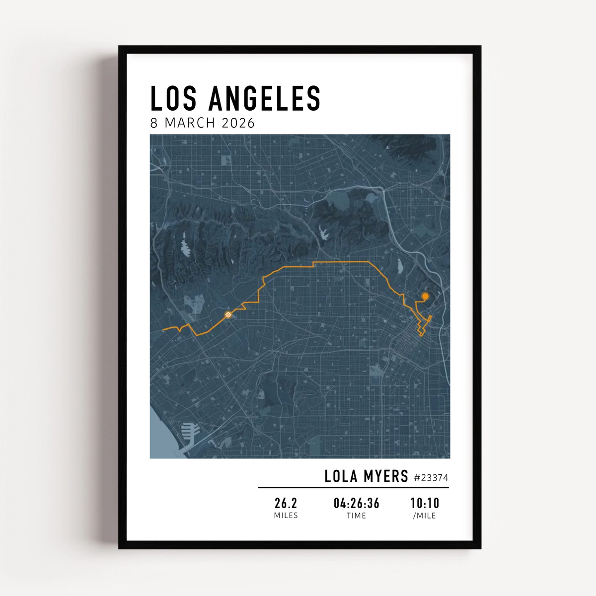 Los Angeles Marathon Map Print Gift for Runners Post Race Gift, framed LA marathon route print with custom statistics and time