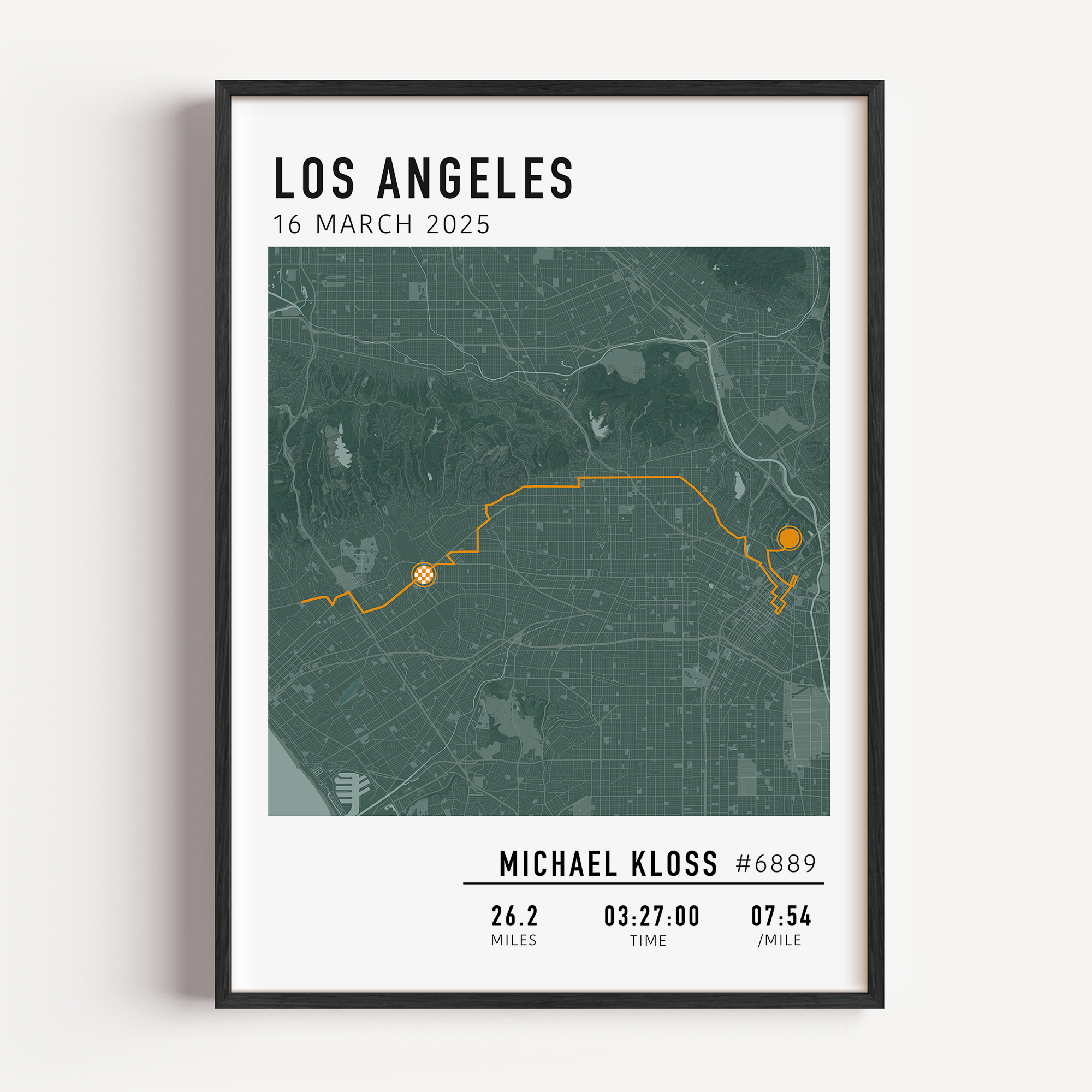 Los Angeles Marathon Map Print Gift for Runners Post Race Gift, framed LA marathon route print with custom statistics and time