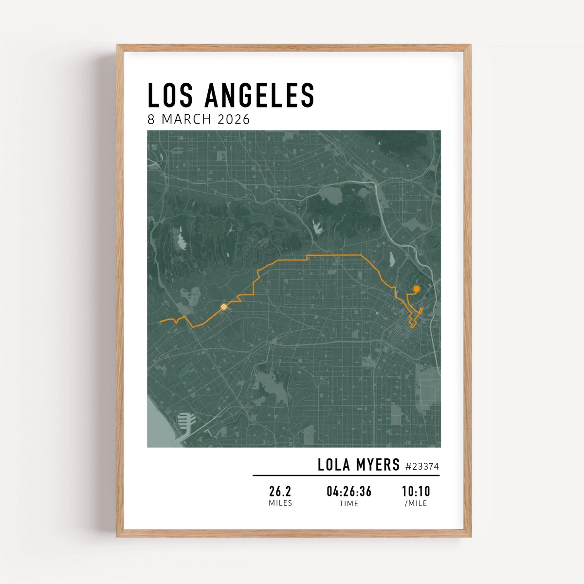 Los Angeles Marathon Map Print Gift for Runners Post Race Gift, framed LA marathon route print with custom statistics and time