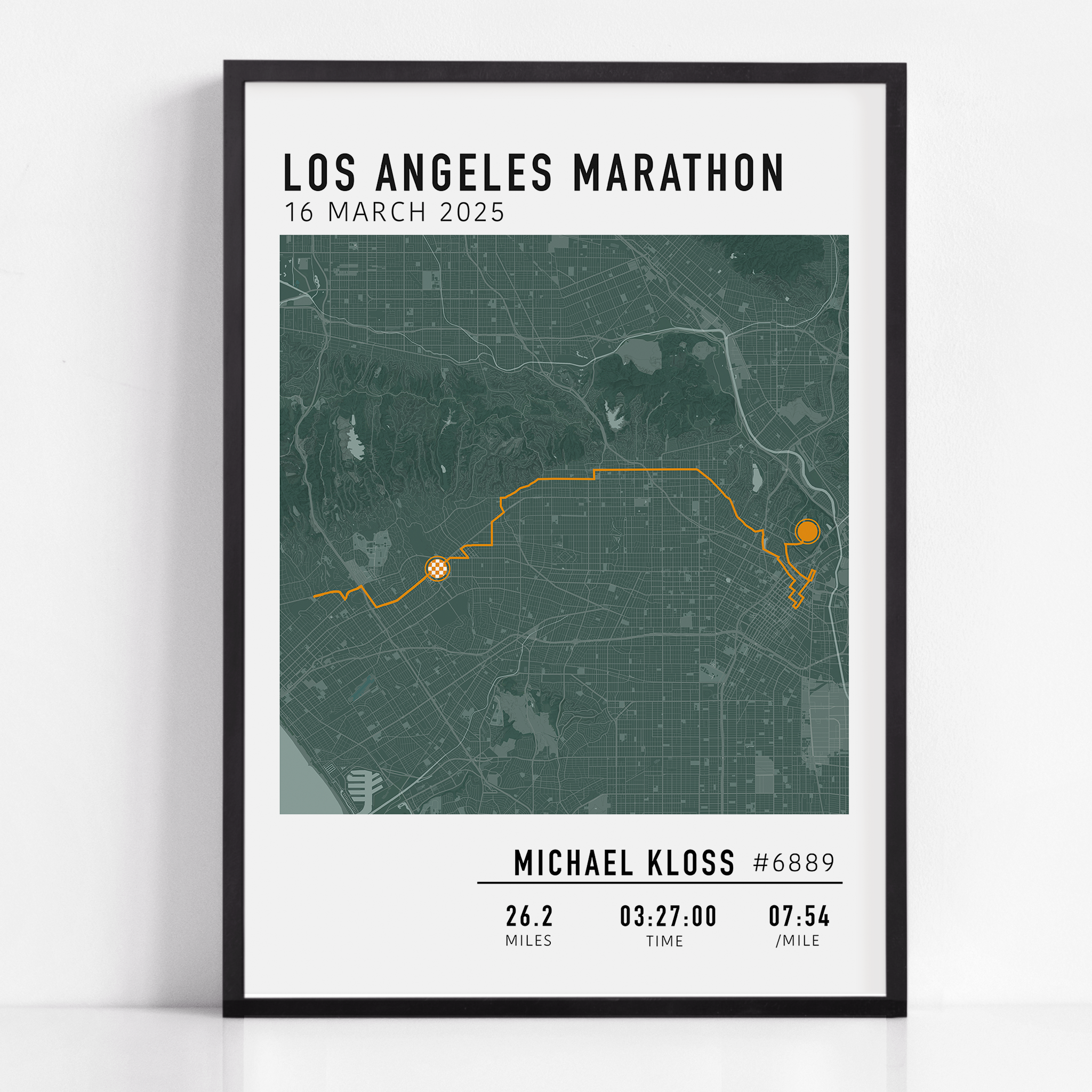 Los Angeles Marathon Map Print Gift for Runners Post Race Gift, framed LA marathon route print with custom statistics and time