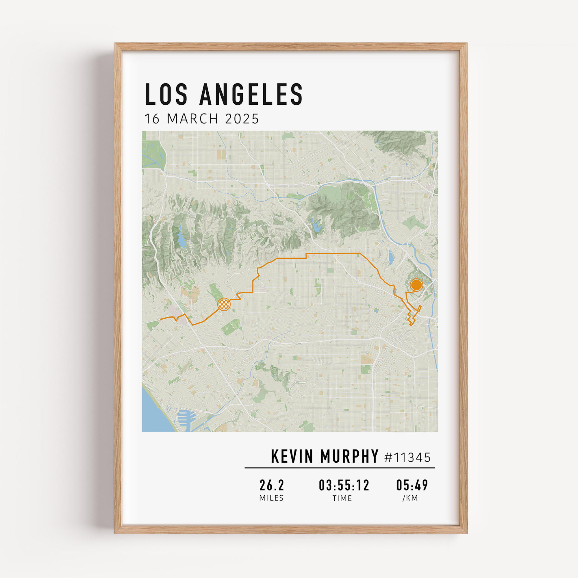 Los Angeles Marathon Map Print Gift for Runners Post Race Gift, framed LA marathon route print with custom statistics and time