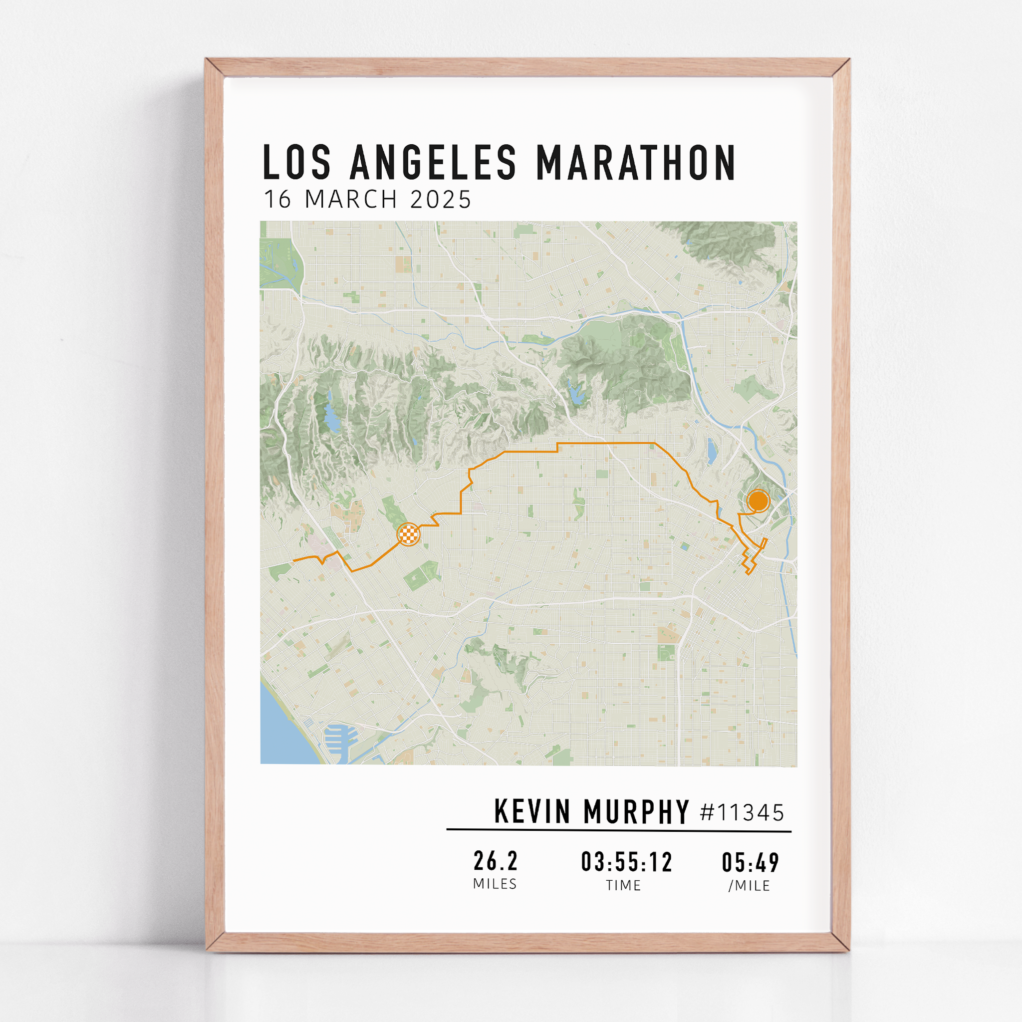 Los Angeles Marathon Map Print Gift for Runners Post Race Gift, framed LA marathon route print with custom statistics and time