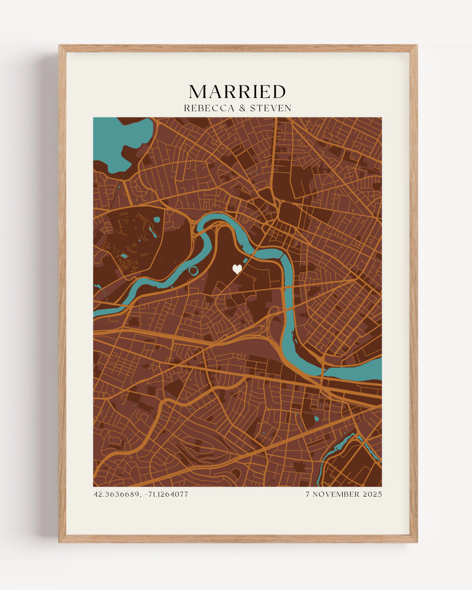Framed wedding venue map print styled as romantic newlywed wall art in modern home interior