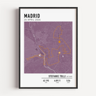 Madrid marathon personalised poster with clean map layout highlighting the 42.195 km course and custom runner details.