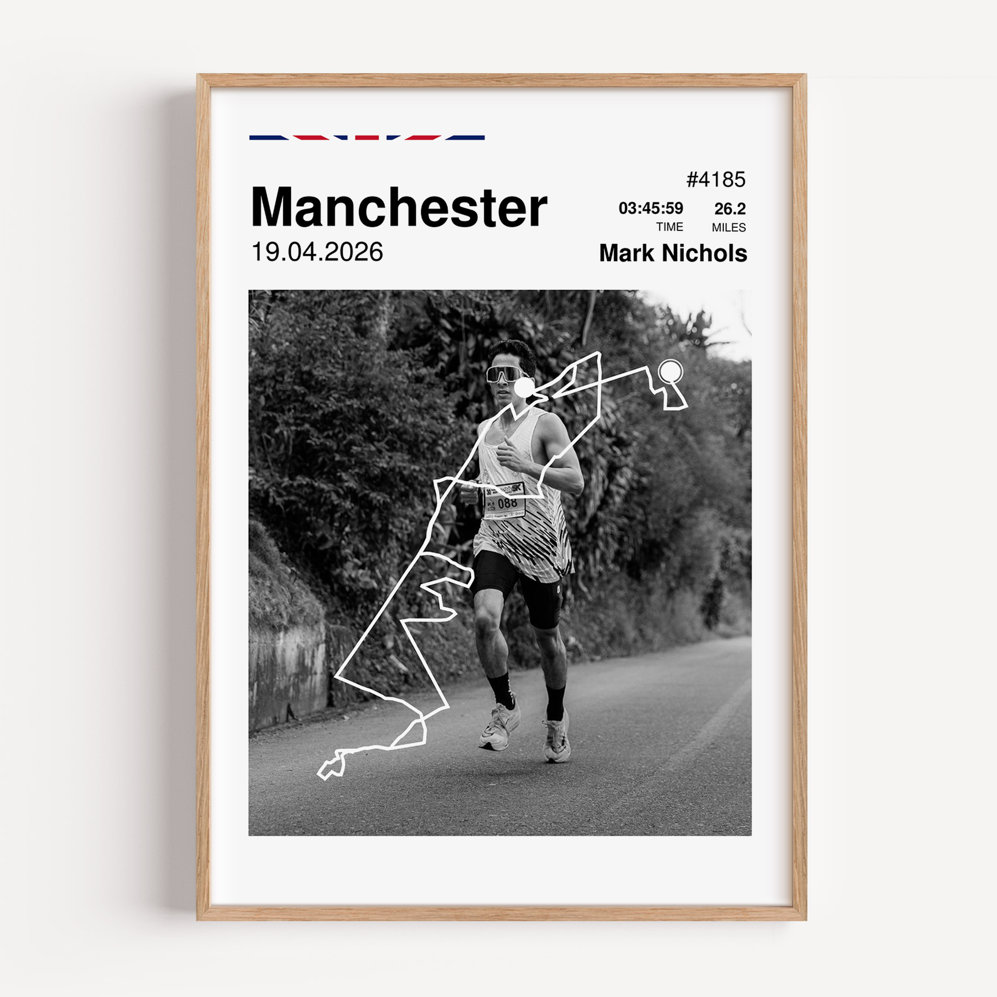 manchester marathon custom print 2026 with the course map and finisher statistics including photo