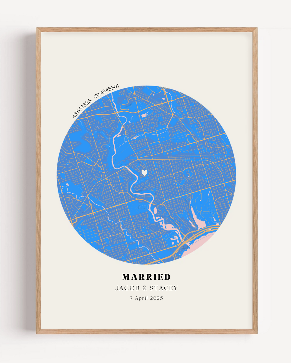 Close up of custom wedding map print featuring personalised names, date, and detailed location design