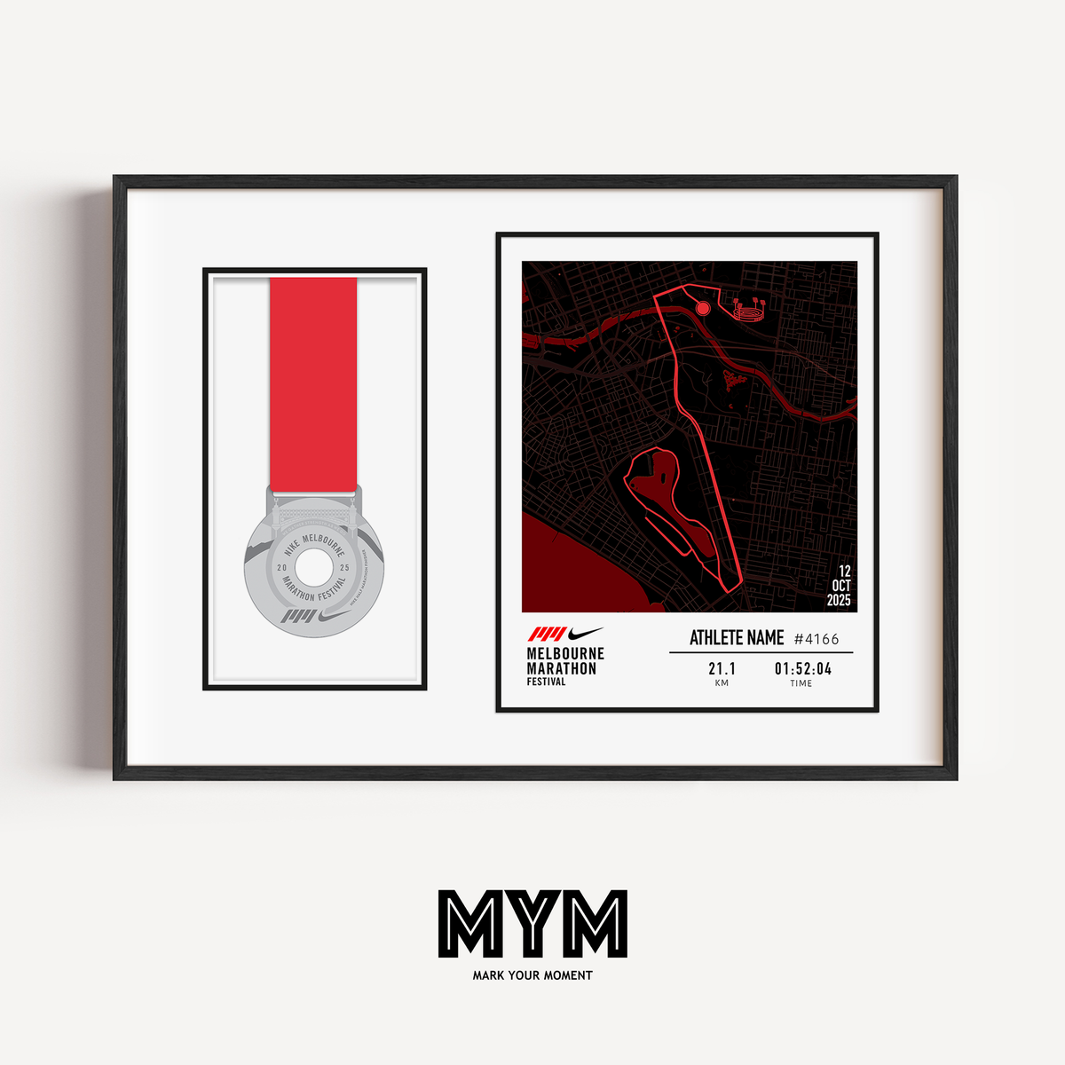Celebrate your run with the Official 2025 Melbourne Half Marathon Medal Display Frame, featuring a personalised print of the full race course to the MCG alongside your name, bib number, and finish time—professionally framed beside your finisher’s medal in a sleek commemorative design.