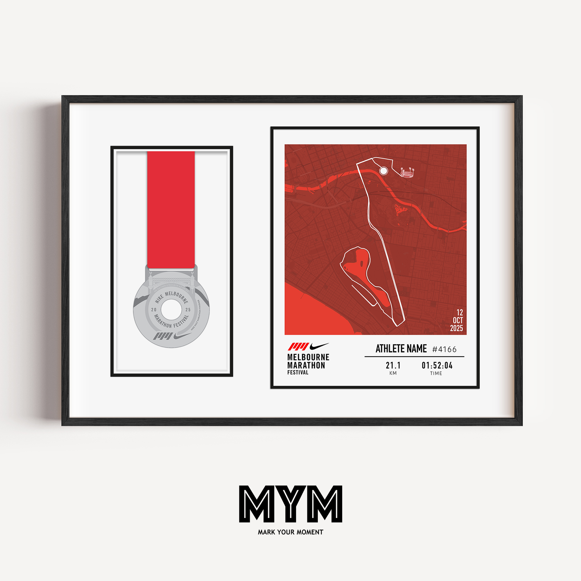 Celebrate your run with the Official 2025 Melbourne Half Marathon Medal Display Frame, featuring a personalised print of the full race course to the MCG alongside your name, bib number, and finish time—professionally framed beside your finisher’s medal in a sleek commemorative design.
