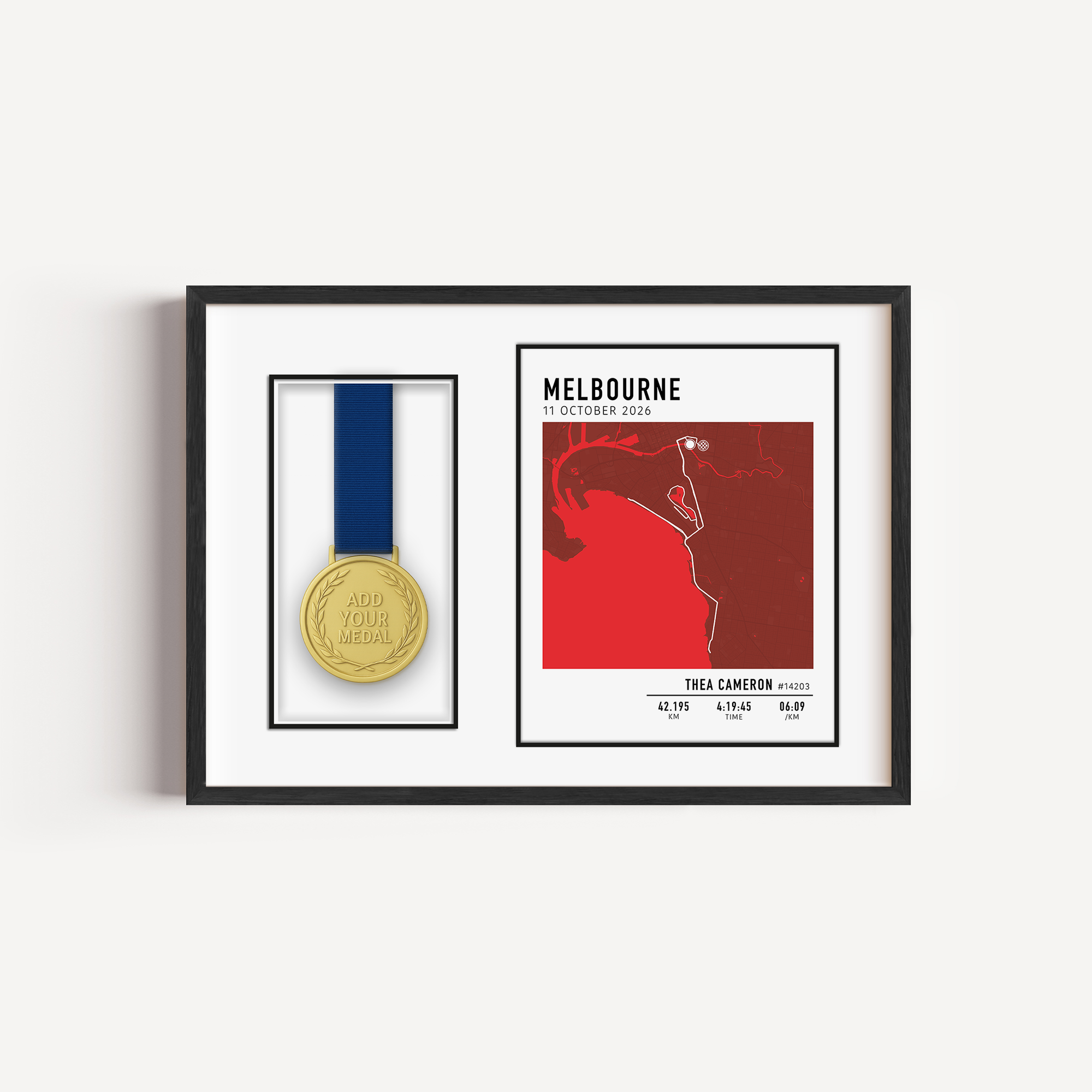 A framed commemorative 2026 Melbourne Marathon Medal Display Frame with a custom map including athlete statistics and a place to hang their medal in a premium frame. 