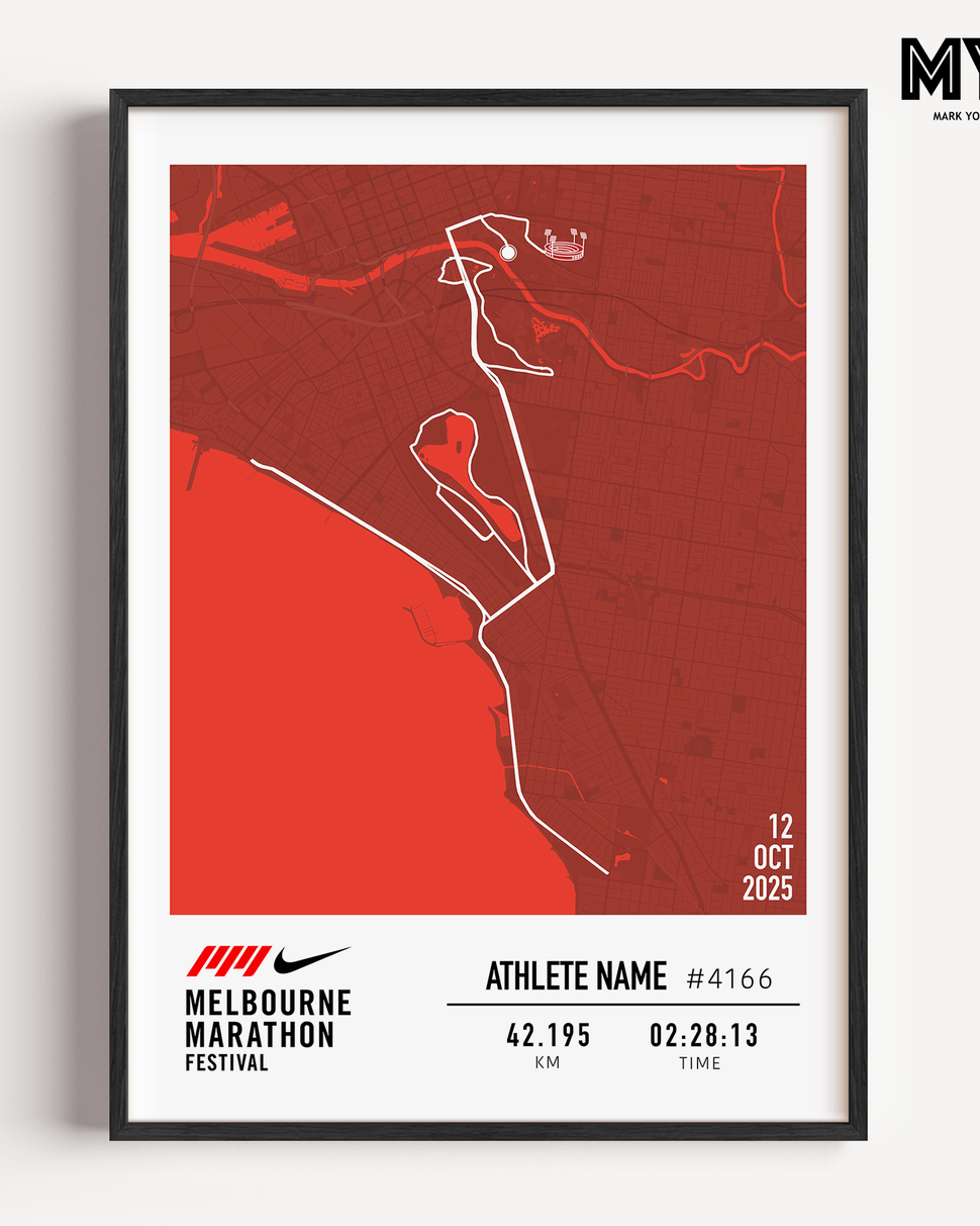 Framed map poster of the Melbourne Half Marathon with red background and black frame. Official Print in Partnership with the Melbourne Marathon, custom with runners statistics 