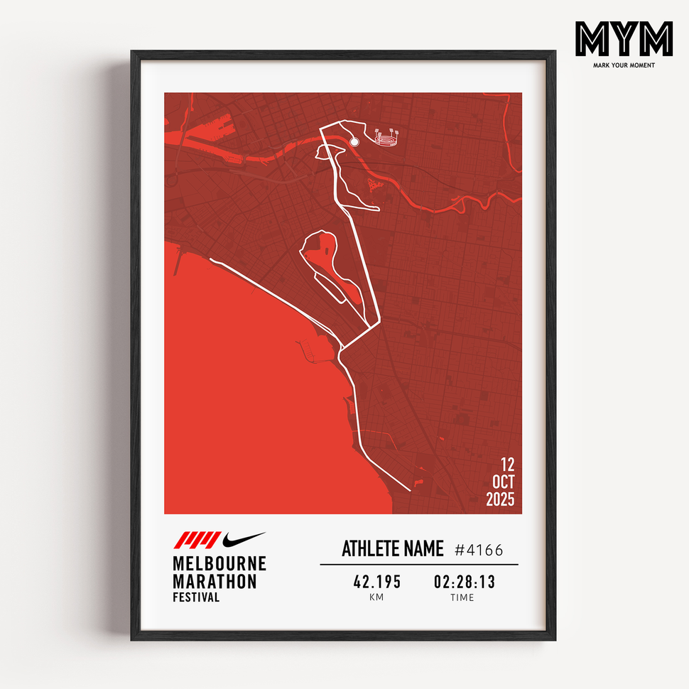 Framed map poster of the Melbourne Half Marathon with red background and black frame. Official Print in Partnership with the Melbourne Marathon, custom with runners statistics 