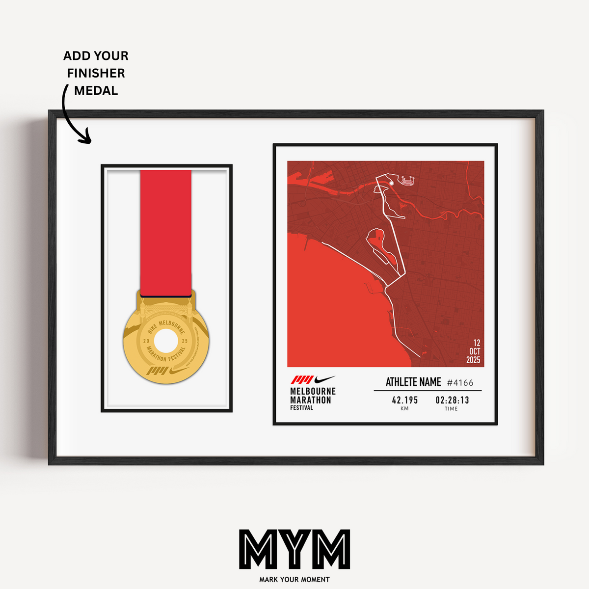 Celebrate your run with the Official 2025 Melbourne Marathon Medal Display Frame, featuring a personalised print of the full race course to the MCG alongside your name, bib number, and finish time—professionally framed beside your finisher’s medal in a sleek commemorative design.