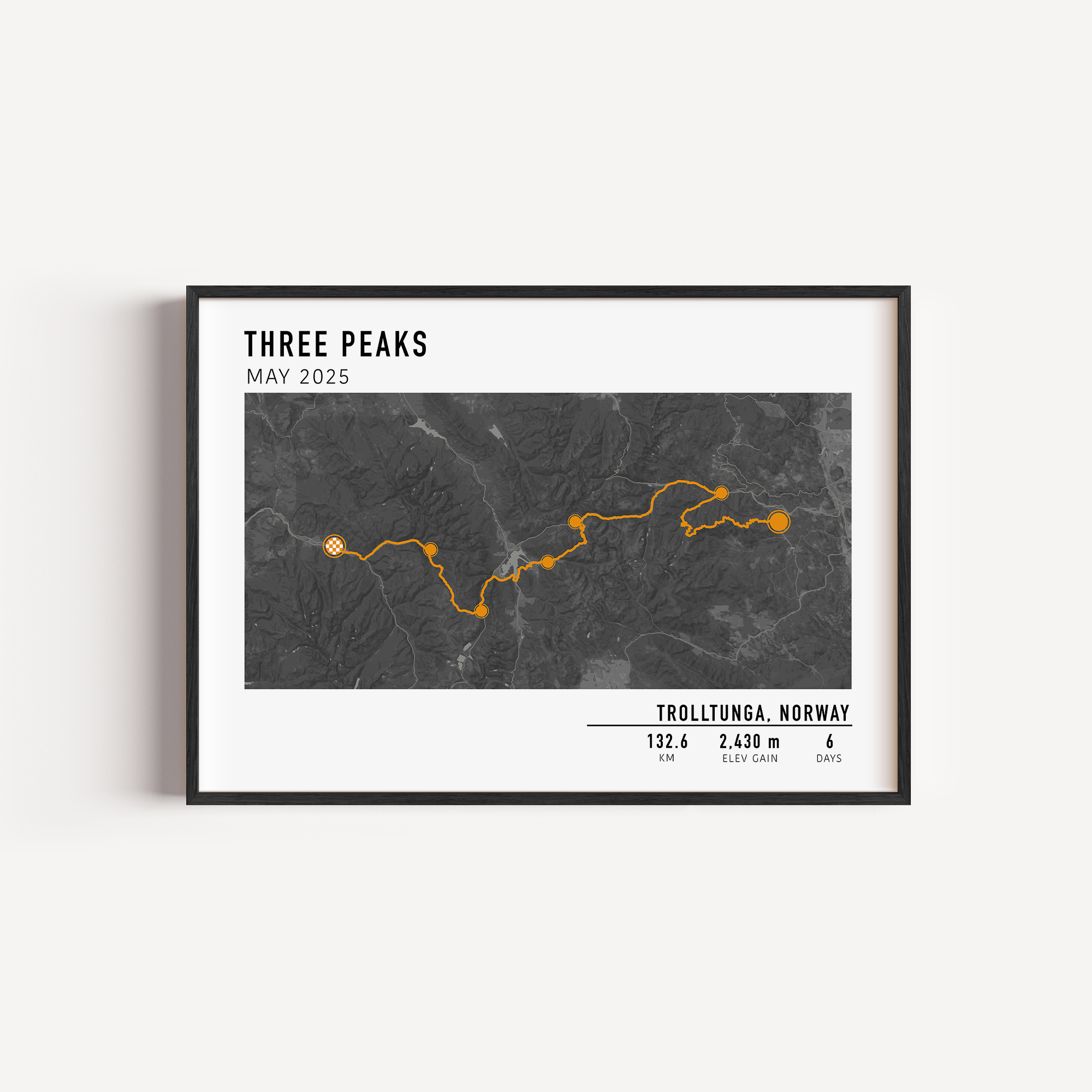 Custom hiking poster for multi-day trek with detailed route and stats