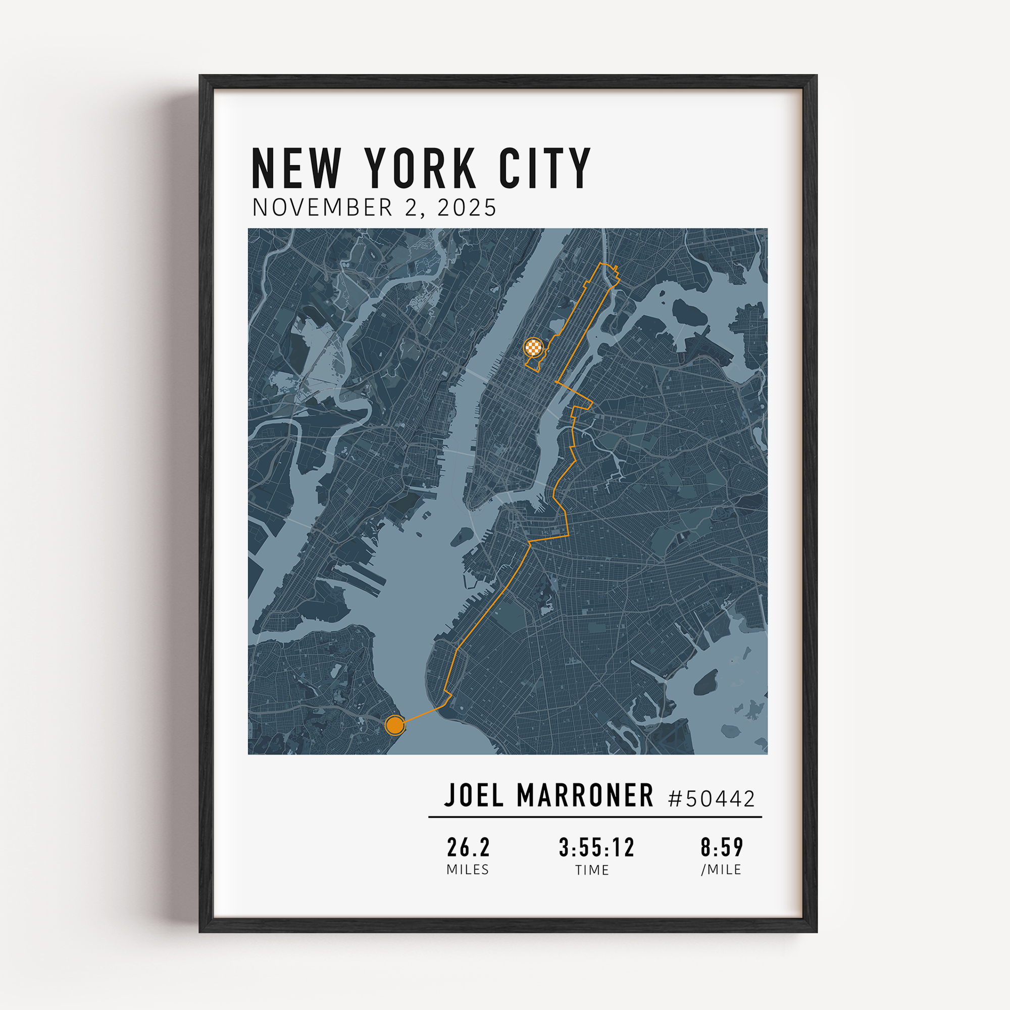 Custom New York City Marathon map poster showcasing the legendary race route, personalized with GPX data. Ideal NYC Marathon route gift or keepsake for finishers and runners celebrating their achievements.