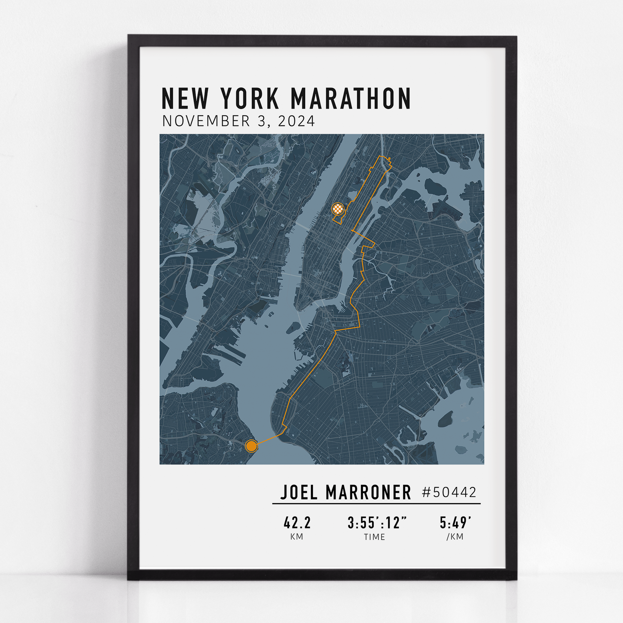 Custom New York City Marathon map poster showcasing the legendary race route, personalized with GPX data. Ideal NYC Marathon route gift or keepsake for finishers and runners celebrating their achievements.