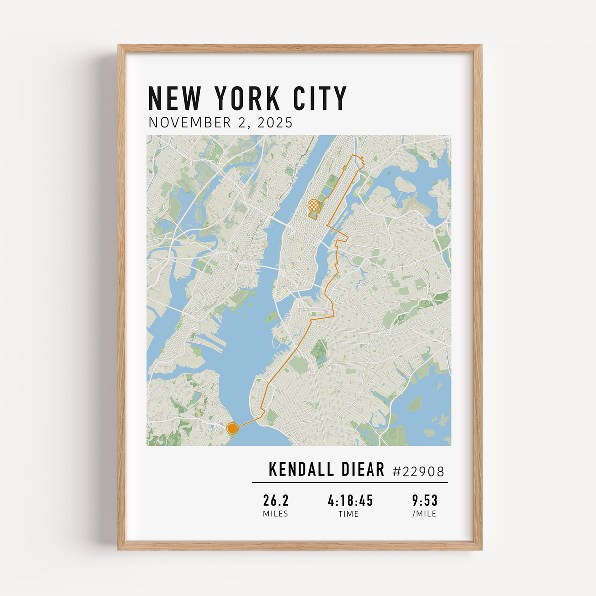 Custom New York City Marathon map poster showcasing the legendary race route, personalized with GPX data. Ideal NYC Marathon route gift or keepsake for finishers and runners celebrating their achievements.