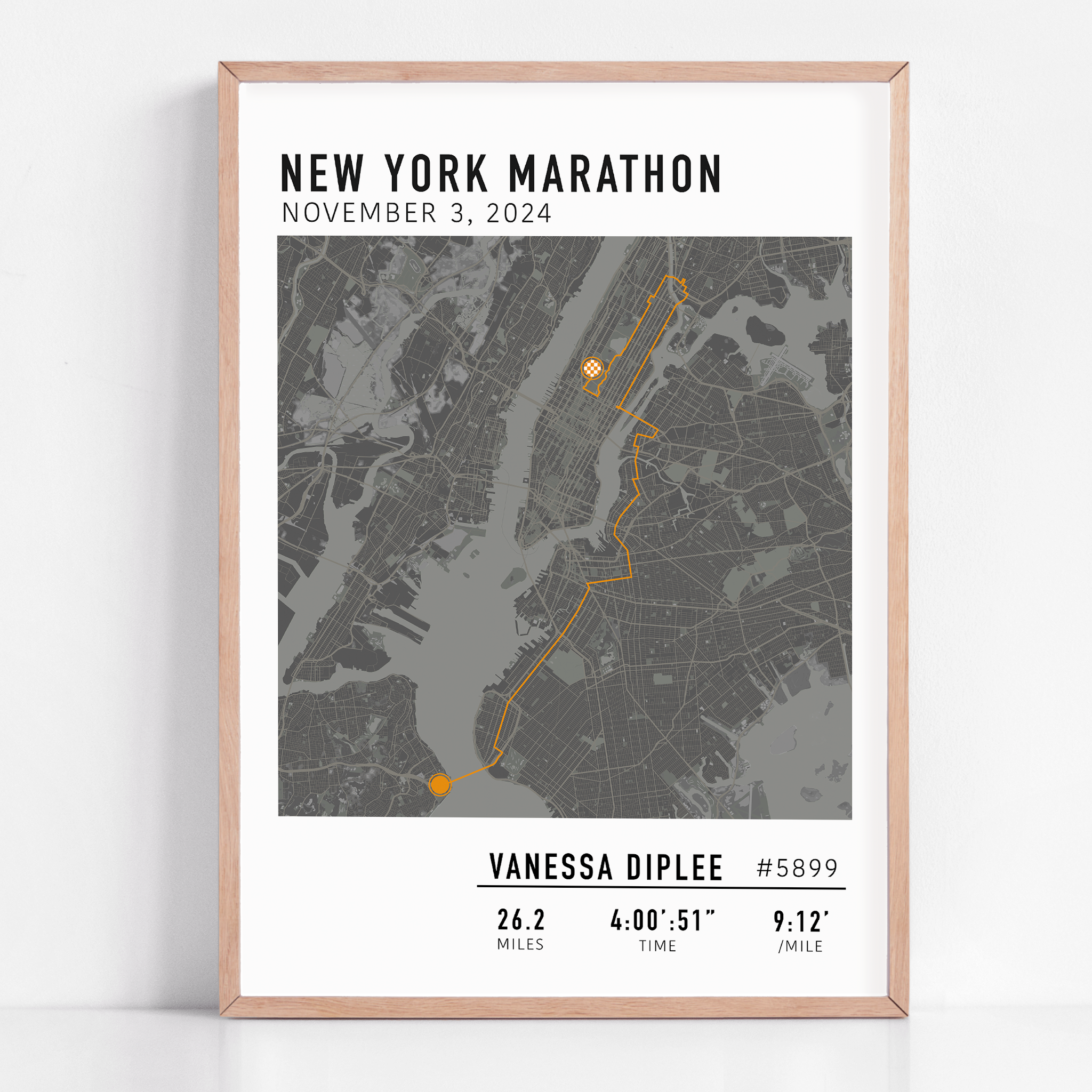 Custom New York City Marathon map poster showcasing the legendary race route, personalized with GPX data. Ideal NYC Marathon route gift or keepsake for finishers and runners celebrating their achievements.