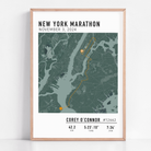 Custom New York City Marathon map poster showcasing the legendary race route, personalized with GPX data. Ideal NYC Marathon route gift or keepsake for finishers and runners celebrating their achievements.