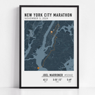 Custom New York City Marathon map poster showcasing the legendary race route, personalized with GPX data. Ideal NYC Marathon route gift or keepsake for finishers and runners celebrating their achievements.