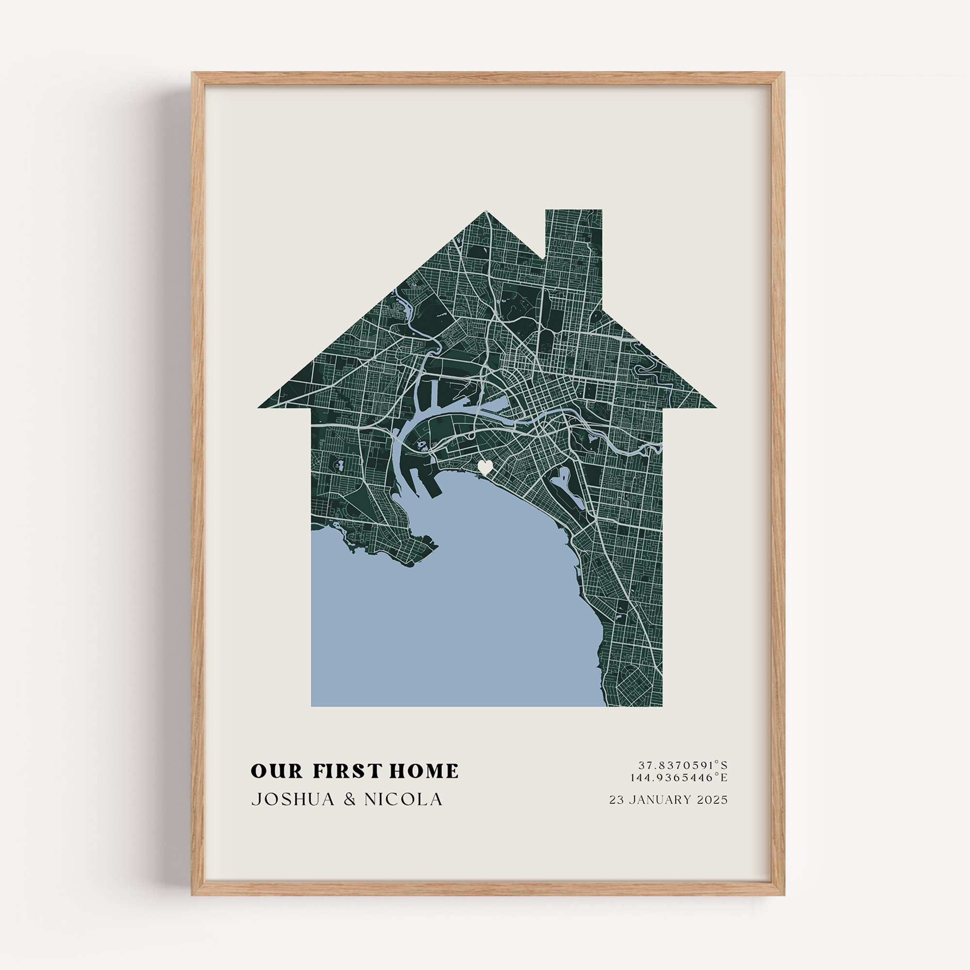 Framed new home map print styled as modern housewarming décor with clean personalised map artwork