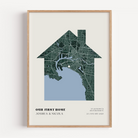 Framed new home map print styled as modern housewarming décor with clean personalised map artwork
