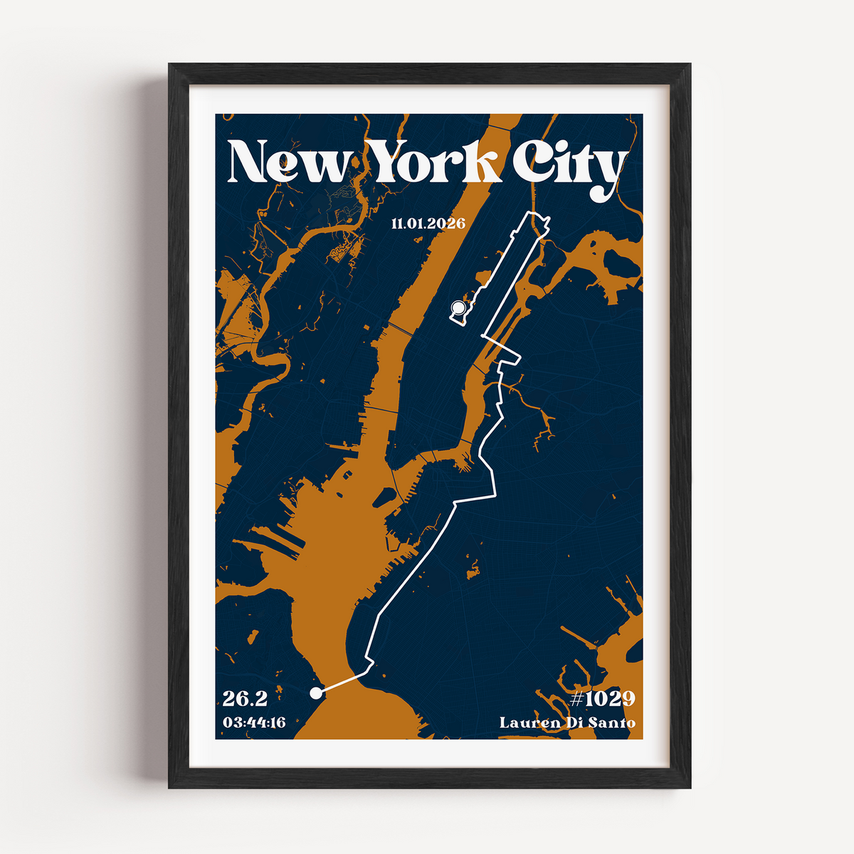 New Your City 2026 Finisher Print with custom names, route map in ranage of colours framed