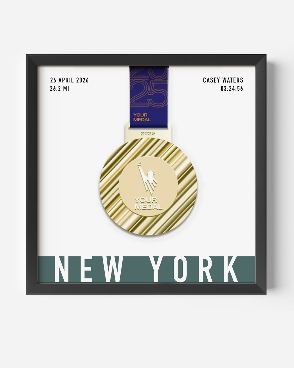 Medal display frame for any marathon event custom and unique to the participant with name, distance and time
