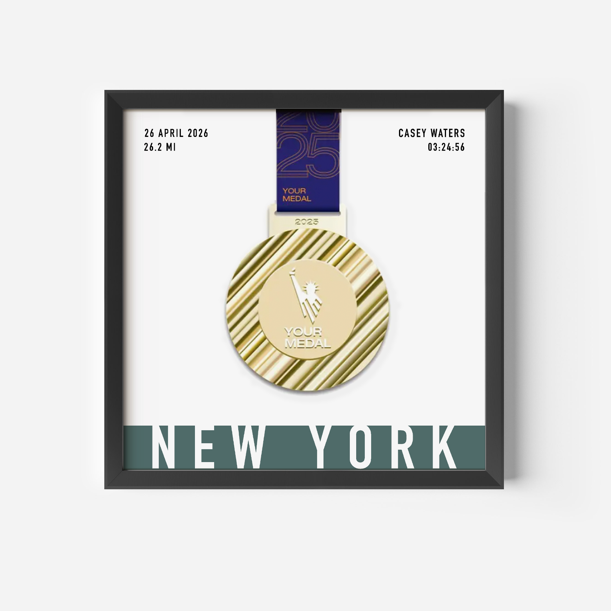 Medal display frame for any marathon event custom and unique to the participant with name, distance and time