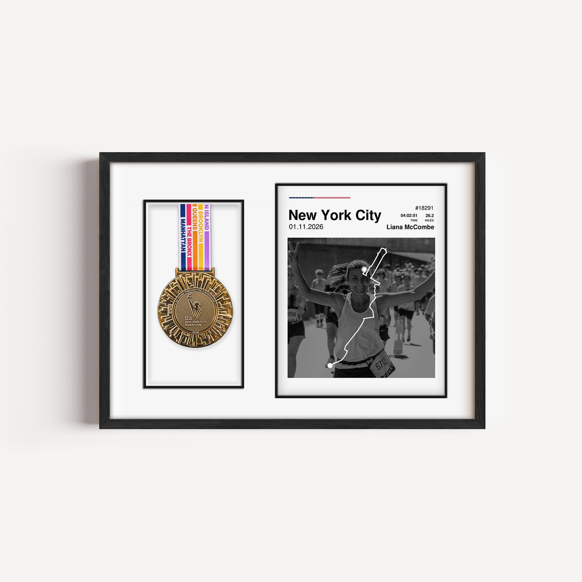 Custom New York Marathon medal display frame featuring a personalized runner photo, white route map, race stats, UK flag colors, and a dedicated mount to hang the finisher medal.