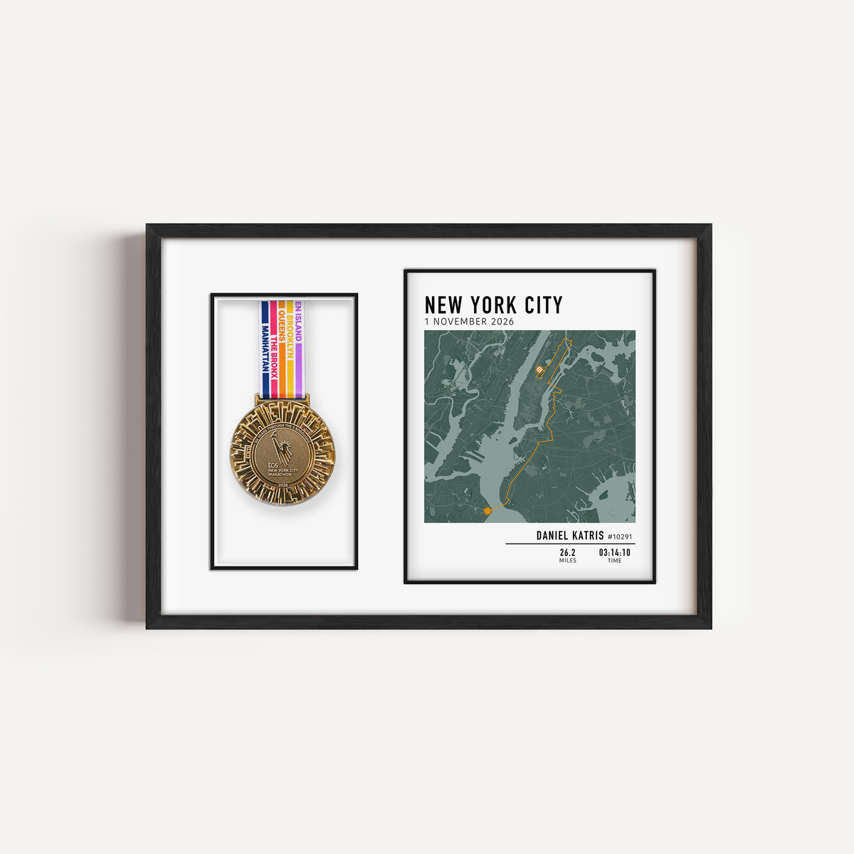 New York marathon medal display frame with custom course route and stats