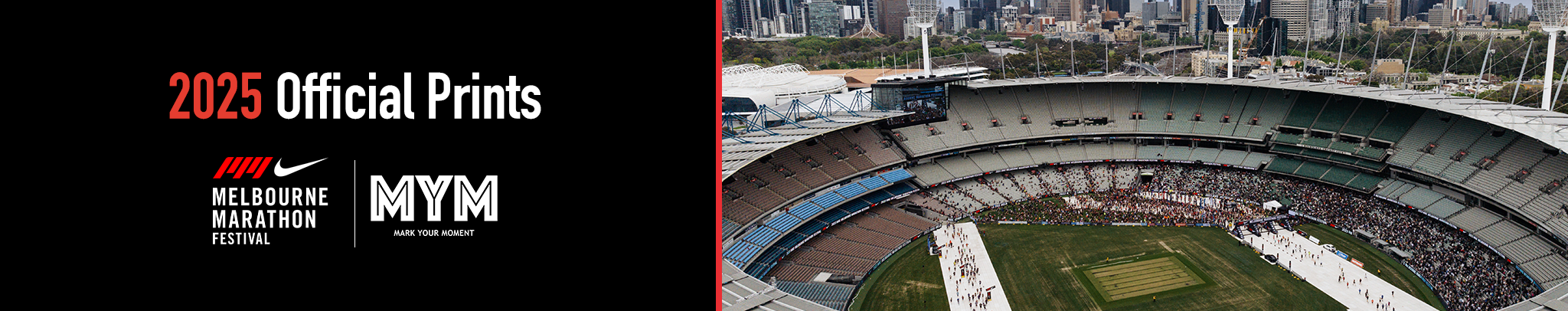 Official Melbourne Marathon personalised print featuring the 2025 race course map finishing at the MCG, with runner name, bib number, and finish time, displayed beside a finisher’s medal in a sleek commemorative frame.