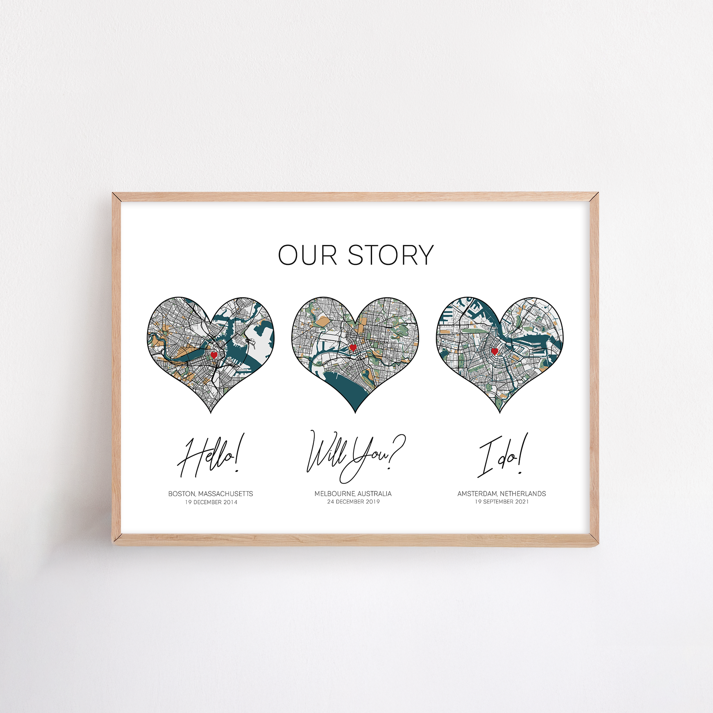 Custom anniversary print on paper featuring the phrases "Our Story," "Hello," "Will You?," and "I Do"—a personalized design celebrating a couple’s journey, honoring the traditional first-year anniversary gift of paper