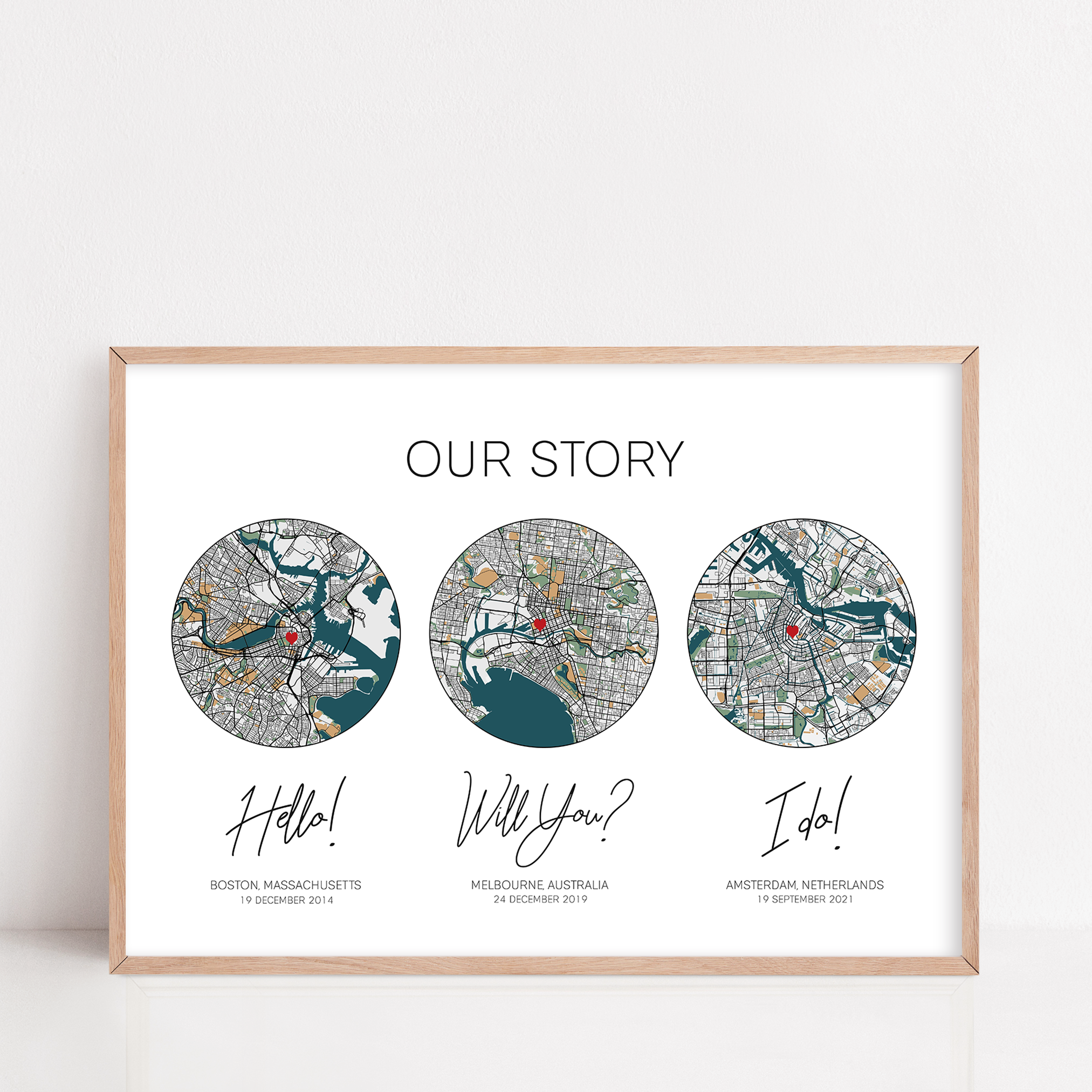 Custom anniversary print on paper featuring the phrases "Our Story," "Hello," "Will You?," and "I Do"—a personalized design celebrating a couple’s journey, honoring the traditional first-year anniversary gift of paper