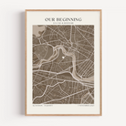 Framed anniversary map print styled as elegant romantic wall art in modern home interior