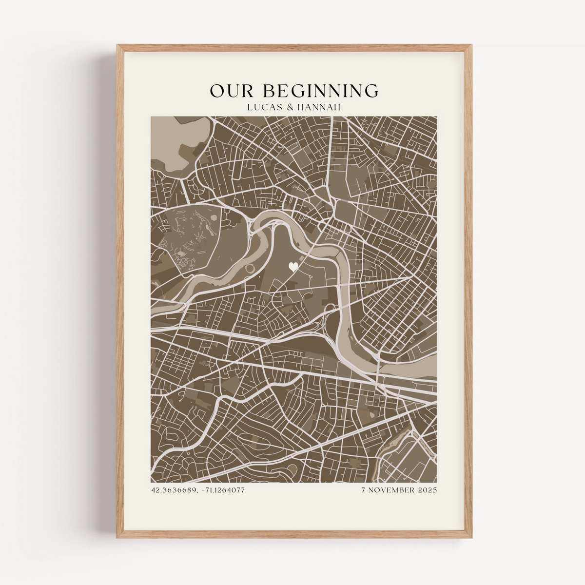 Framed anniversary map print styled as elegant romantic wall art in modern home interior
