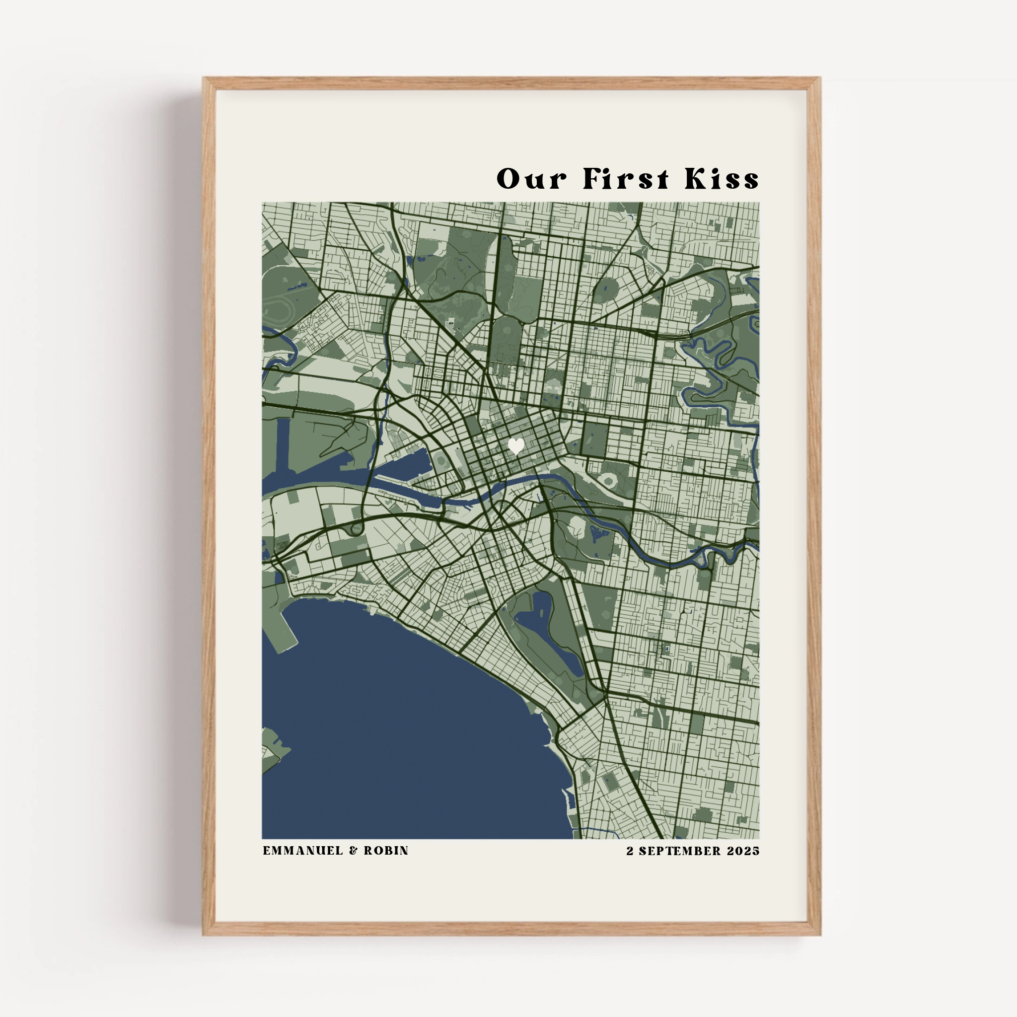 Personalized Our First Kiss map print showing custom romantic location in elegant minimalist design