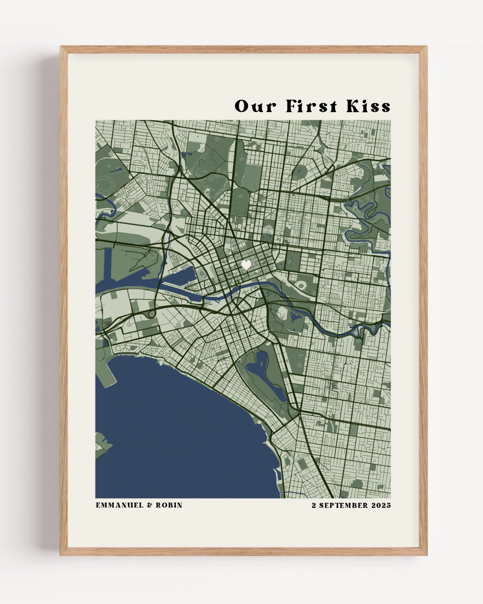 Personalized Our First Kiss map print showing custom romantic location in elegant minimalist design