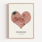 Anniversary map print displayed in minimalist, classic, or watercolor style with custom location details