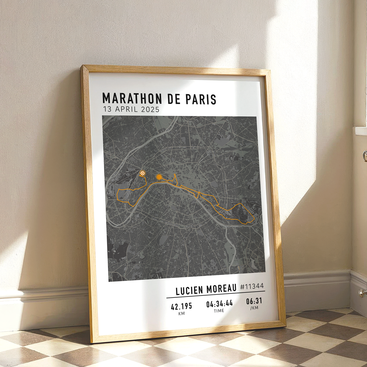Marathon de Paris Print Gift for Runners Post Race Gift, framed Paris marathon route print with custom statistics and time. Showcase the marathon map poster