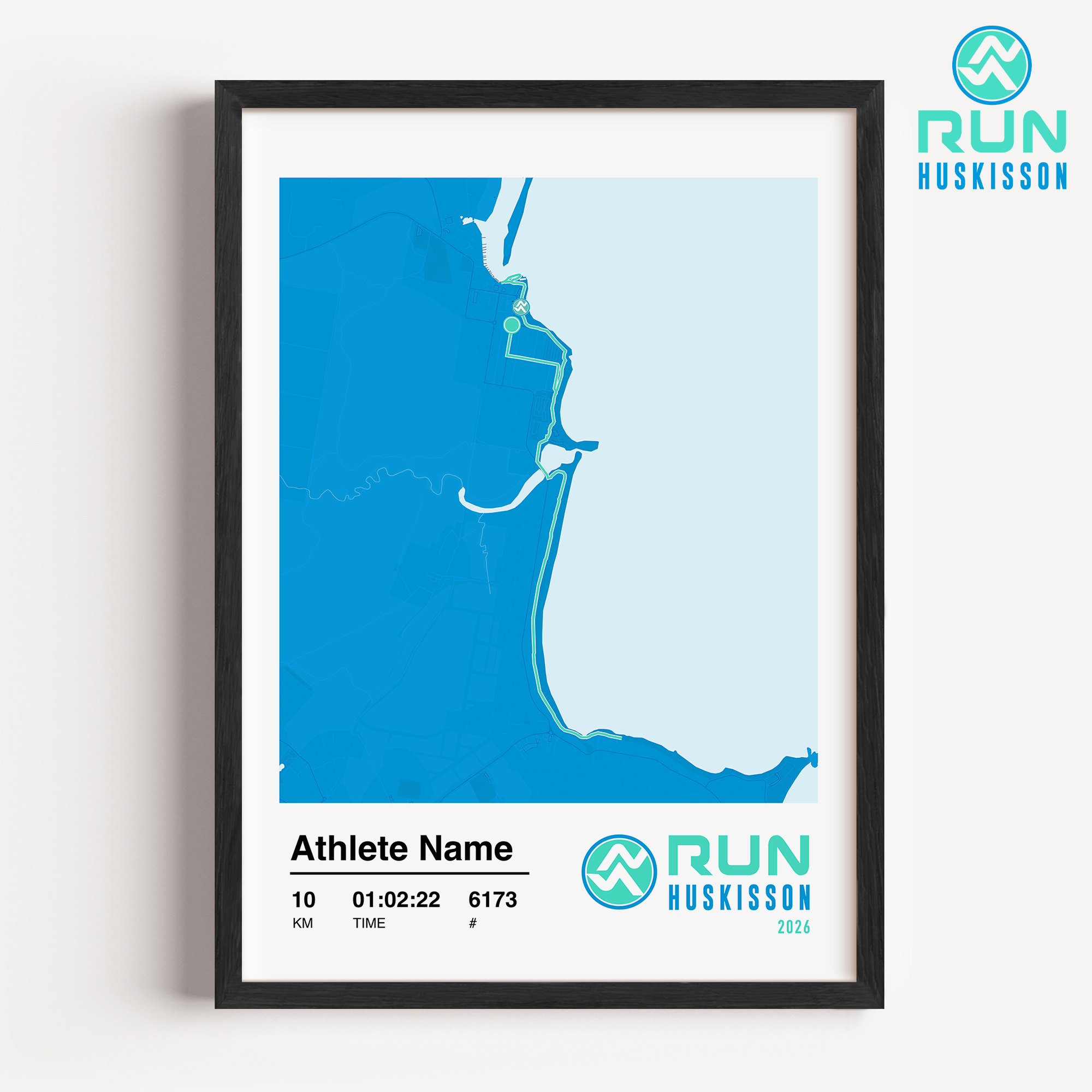 2026 Run Husky 10km Framed Custom Print. Run Huskisson logo and course map with athlete stats and name