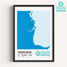2026 Run Husky 10km Framed Custom Print. Run Huskisson logo and course map with athlete stats and name
