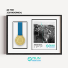 An official Run Huskisson 10km medal display frame featuring a placeholder for the finisher's medal, a custom uploaded race photo, and personalized runner stats.