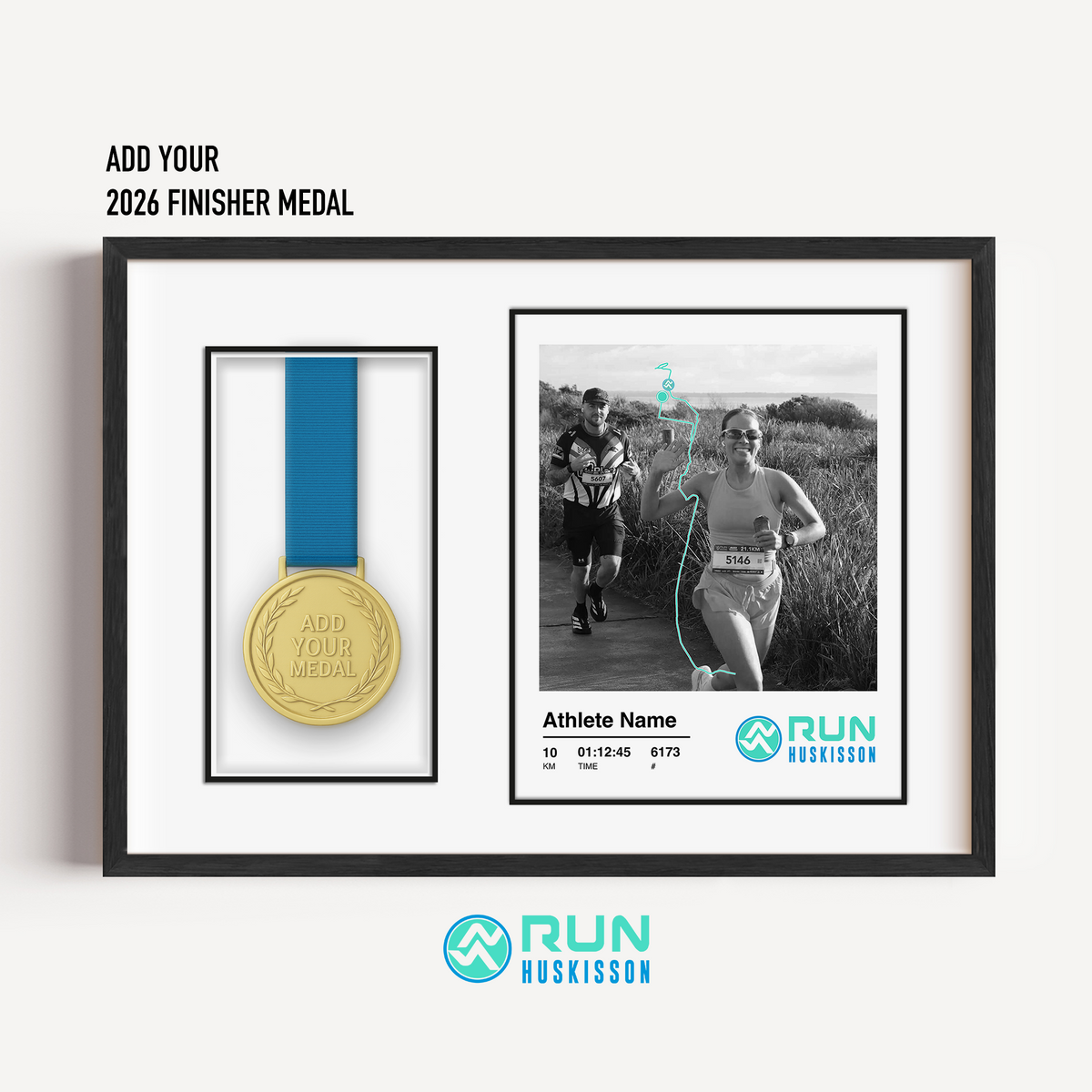 An official Run Huskisson 10km medal display frame featuring a placeholder for the finisher's medal, a custom uploaded race photo, and personalized runner stats.