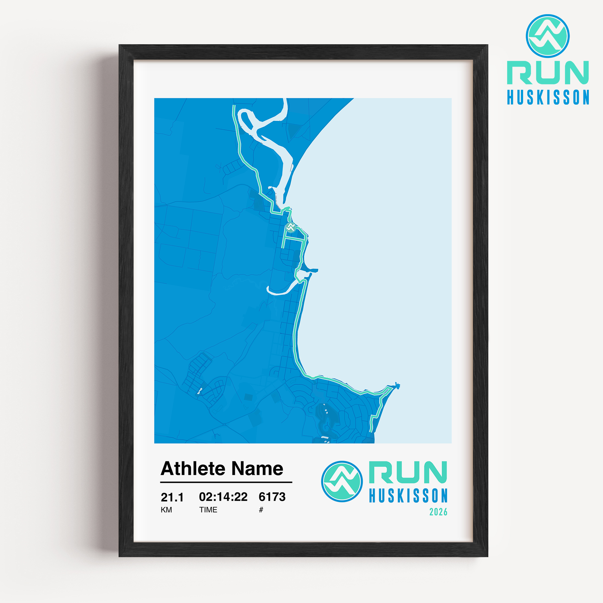 2026 Run Husky Half Marathon Framed Custom Print. Run Huskisson logo and course map with athlete stats and name