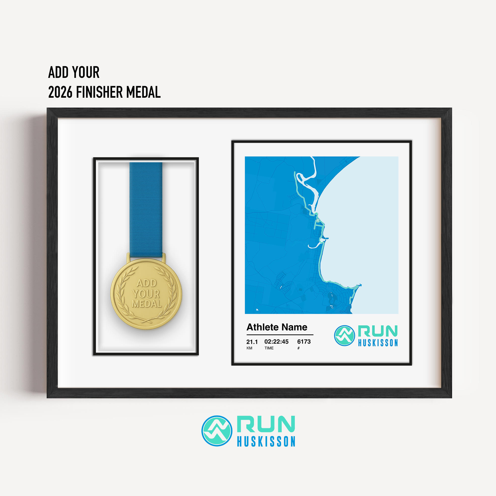 A framed personalized Run Huskisson Half Marathon medal display frame on a light gray background. The black frame contains a place for your finisher medal and a blue-and-white map-style print with athlete stats, race time and the RUN HUSKISSON logo on the right.