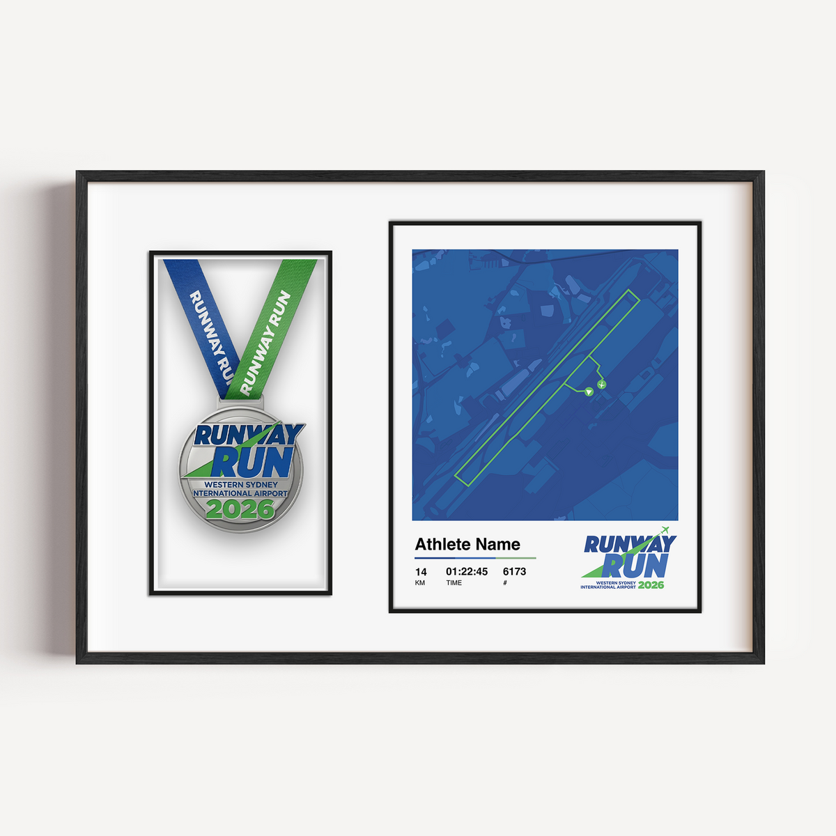 Runway Run Custom 14km Medal Display Frame for the Western Sydney International Airport
Runway Run or Walk. Custom with participant statistics