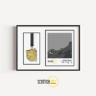 Scottish 10K medal display frame showcasing a personalised grey race route print alongside a dedicated display section for the official finisher medal.