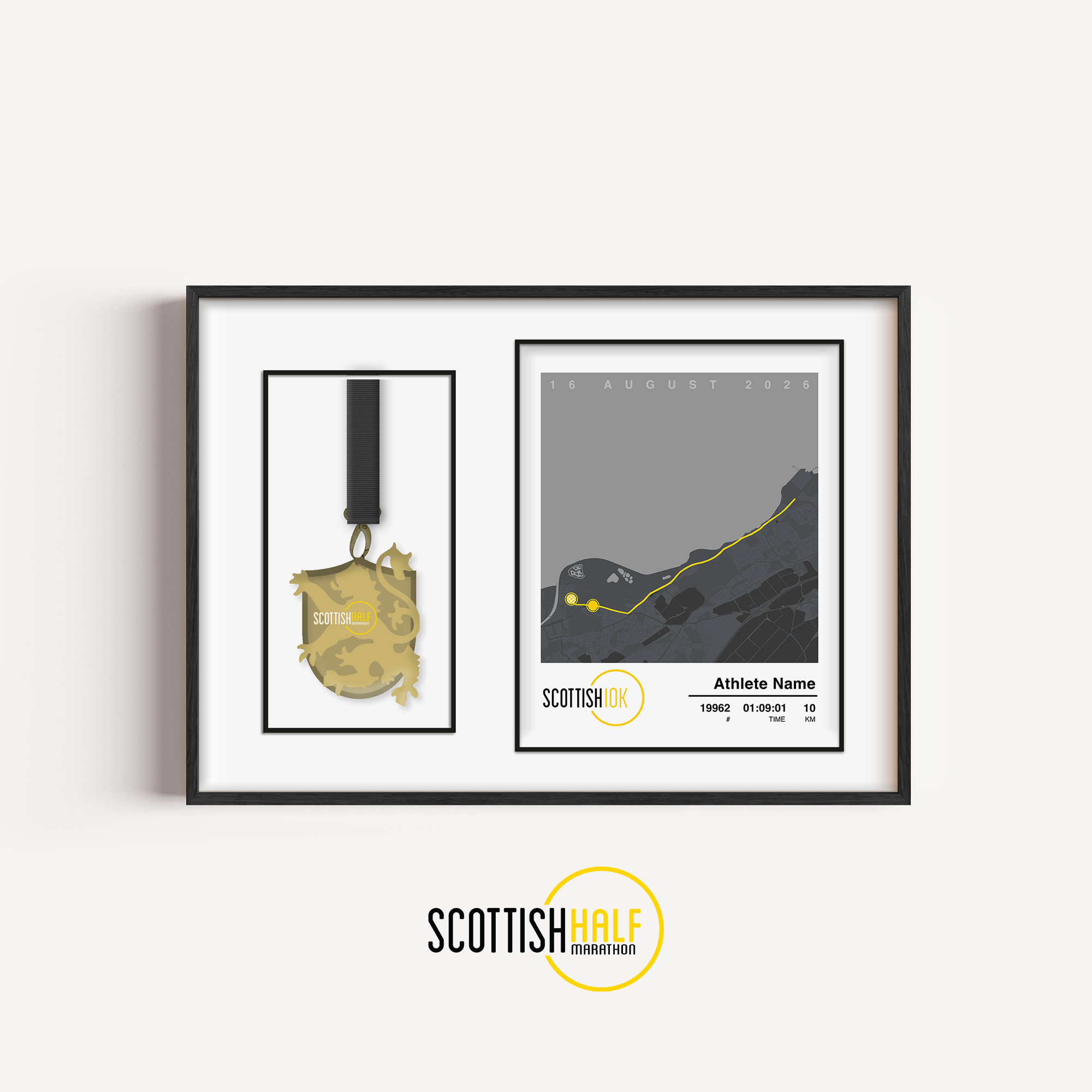 Scottish 10K medal display frame showcasing a personalised grey race route print alongside a dedicated display section for the official finisher medal.