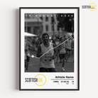 Personalised Scottish 10K running print featuring custom race stats, the official course map, and an uploaded photo of the runner crossing the finish line.