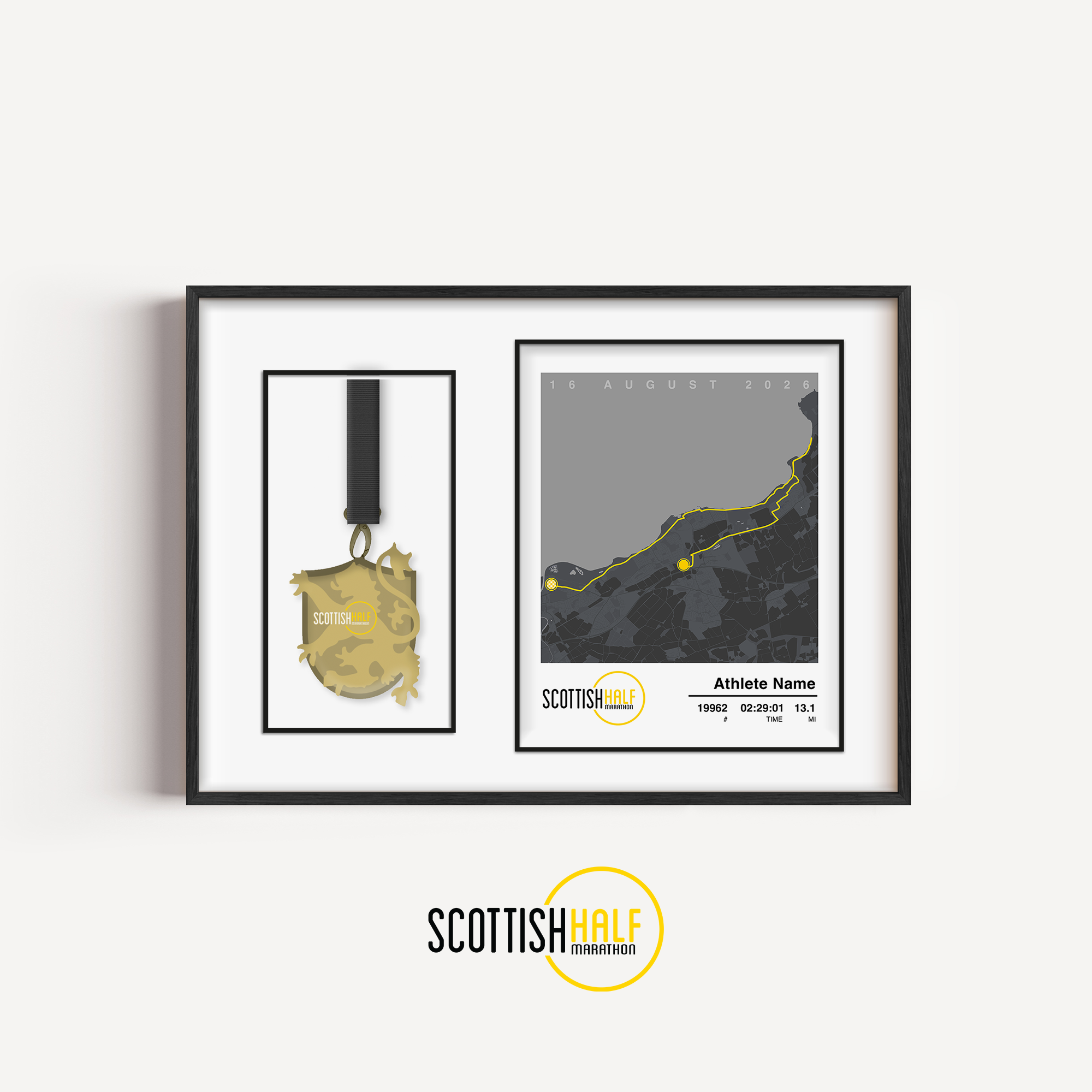 Scottish Half Marathon medal display frame featuring a classic grey personalised race print and a precision cut-out showcasing the official finisher medal.